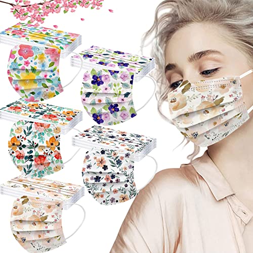 KPO 50 PCs Adults for Glasses Wearers 3Ply Colorful Flower Floral Printed Breathable Face With Nose Wire Outdoors
