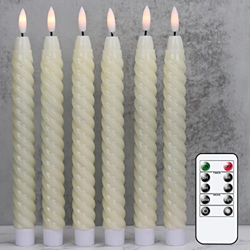 Lasumora Christmas Flameless Taper Candles Flickering with 10-Key Remote, Battery Operated 3D Wick LED Spiral Window Candles 6 Pack Real Wax Wedding Home Birthday Christmas Decor(0.78 X 9.8 Inchs)