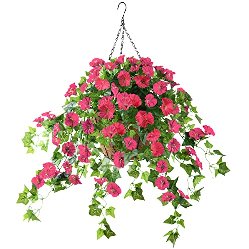 Hanging Basket with Artificial Vine Silk Flowers for Outdoor/Indoor, Artificial Hanging Plant in Basket, Ivy Basket Artificial Hanging Plant for Patio Lawn Garden Decor (Red)