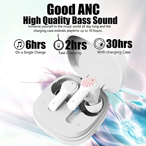 Hismell Bluetooth Earphones ANC Wireless Headphones Earbuds in-Ear Wireless Bluetooth 5.2 Stereo Immersive Sound Premium Deep Bass Headset White