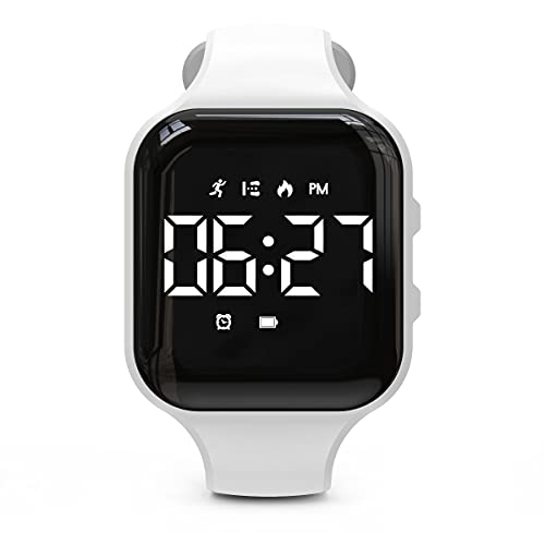 Focwony Non-Bluetooth Led Fitness Tracker Watch,Digital Pedometer Watch,with Step Counting/ Distance/ Calories/Stopwatch/Alarm Clock, Great Gift for Kids Teens Girls Boys Xmas (Square – White)