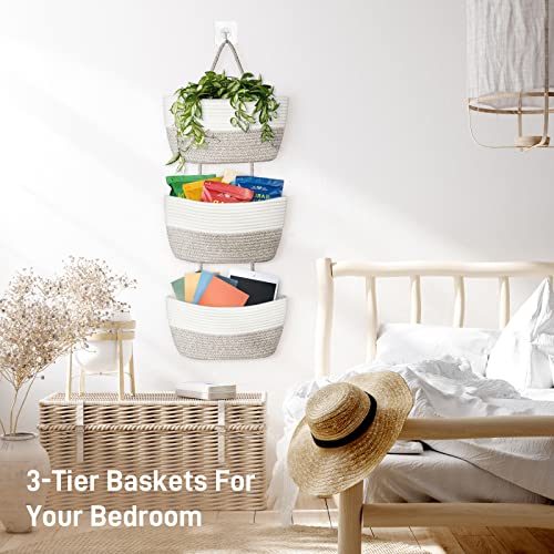 Over Door Hanging Basket, AivaToba 3-Tier Wall Mount Hanging Cotton Rope Storage Organizer, Decorative Storage Basket for Living Room (Brown) | The Storepaperoomates Retail Market - Fast Affordable Shopping