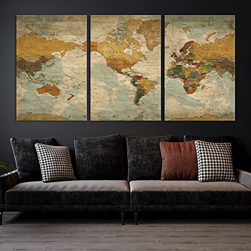 Sephia World Map Wall Art Multi Panel X-Large Canvas Print for Home Decor | Track Your Travels with This Colorful Antique Looking Map | Framed Ready to Hang by My Great Canvas (3 Panel, Total 60×30″)