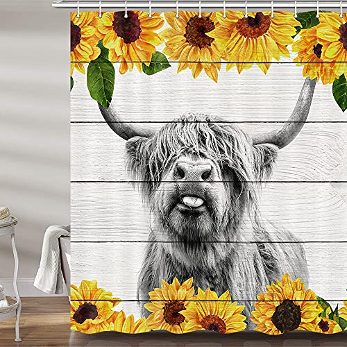 Farmhouse Highland Cow Shower Curtain for Bathroom, Cute Rustic Bull Farm Sunflower Floral on Wooden Fabric Shower Curtains Set, Western Funny Longhorn Restroom Decor Accessories with Hooks 72X72
