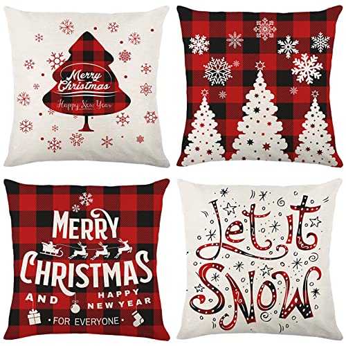 Christmas Pillow Covers 18×18 Inch Set of 4 for Christmas Decorations Farmhouse Black and Red Buffalo Plaid Throw Pillow Covers Holiday Rustic Linen Pillow Case for Sofa Couch Christmas Decor