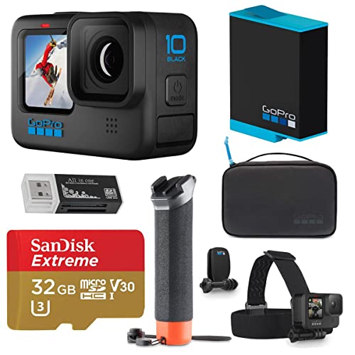 GoPro HERO10 Black, Waterproof Action Camera, 5.3K60/4K Video, 1080p Live Streaming, Bundle with Adventure Kit, Extra Battery, 32GB microSD Card, Card Reader