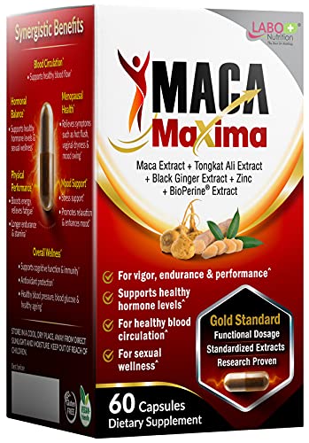 MacaMaxima Peruvian Maca Root, Tongkat Ali, Black Ginger, Zinc and Black Pepper Extract Supplement for Men and Women, Supports Reproductive Health, Energy, Stamina and Mood- Non-GMO, Vegan Pills