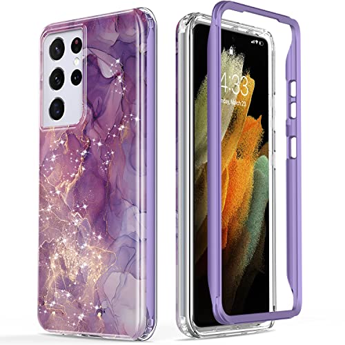 ESDOT for Samsung Galaxy S21 Ultra Case,Military Grade Passing 21ft Drop Test,Rugged Cover with Fashion Designs for Women Girls,Protective Phone Case for Galaxy S21 Ultra 6.8″ Glitter Purple Marble
