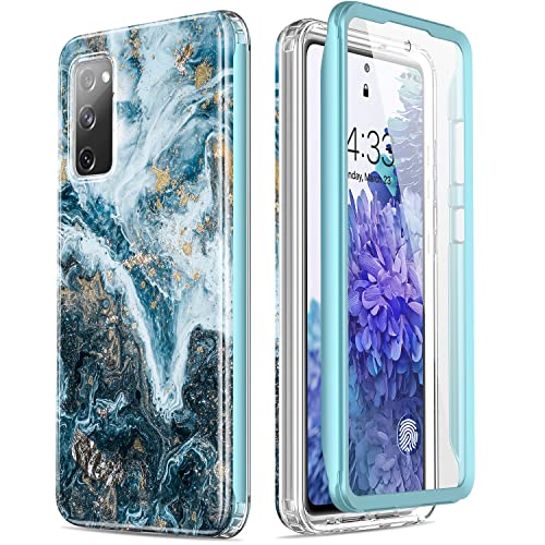 ESDOT Samsung Galaxy S20 FE Case with Built-in Screen Protector,Military Grade Rugged Cover with Fashionable Designs for Women Girls,Protective Phone Case for Galaxy S20 FE 6.5″ Opal Marble Teal