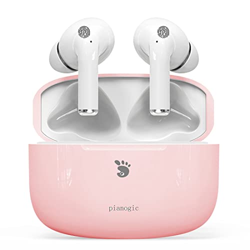 True Wireless Earbuds with Microphones, Pianogic A2 in-Ear Bluetooth Headphones, IPX6 Waterproof, Long Playtime, TWS Stereo Earphones Noise Cancelling Headset for Sport Home Office Pink