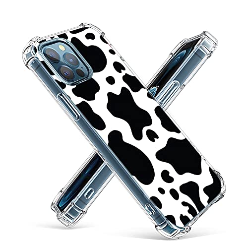 POZAJI Clear Case Compatible with iPhone 12 Pro Max Case 6.7 Inch, Soft Flexible TPU+Hard pc Panel Shockproof Cover Girls Women Cow Print Pattern Phone Case (Black & White)
