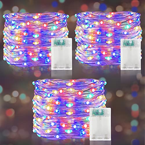 [ Timer ] 3 Pack Fairy Lights Battery Operated String Lights, Total 90LED 30Ft Waterproof Copper Wire Fairy Lights for Wedding Party Bedroom Home Yard Indoor Outdoor Decor, Each 30LED 10Ft(Colorful)
