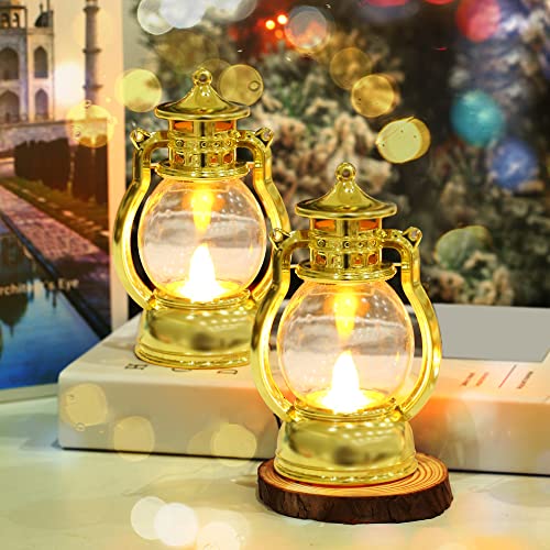 Comealltime 2-Pack Christmas Decorative Lanterns with Flickering LED Light, 5” Mini Vintage Candle Lantern for Xmas Tree Table Patio Garden Party Home Decor, Christmas Hanging Lanterns (New Gold)