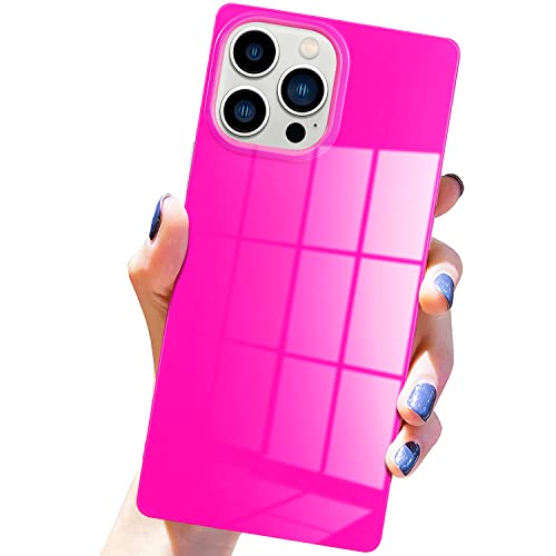 Pevezeda Case Compatible with iPhone 13 Pro Max 6.7 Inch 2021, Bright Fluorescence Soft & Flexible TPU Shockproof Protective Cover for Women Girls, Square Edge Design Hot Pink Phone Case, Neon Rose