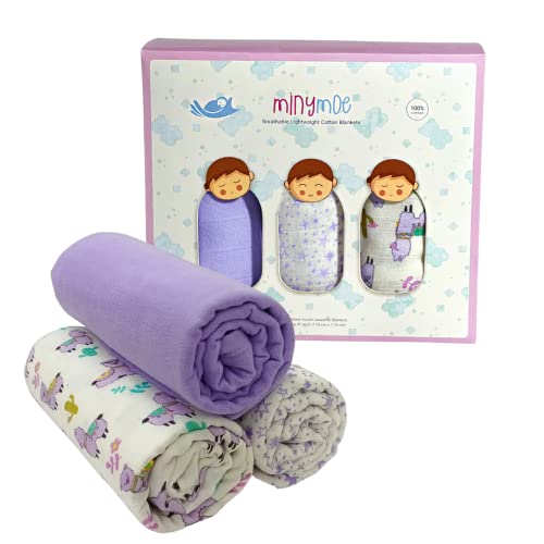 MINYMOE Organic Muslin Swaddle Blankets Baby Girl, 3 Ultra-Absorbent and Soft Cotton Receiving Blankets Girl Set (47″x47″), Lightweight Baby Blanket