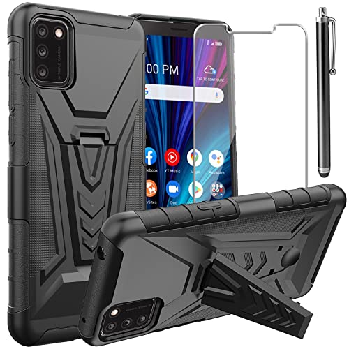 for Alcatel TCL A3X A600DL Case, with Tempered Glass Screen Protector Heavy Duty Protection Technology Built-in Kickstand Rugged Shockproof Protective Phone Case for Alcatel TCL A3X A600DL, (Black)