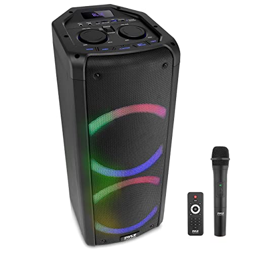 Pyle Portable Bluetooth PA Speaker – 240W Dual 6.5″ Rechargeable Indoor/Outdoor BT Karaoke Audio System-TWS, Party Lights, LED Display, FM/AUX/MP3/USB/SD, 6.5mm in, Handle-Wireless Mic, Remote
