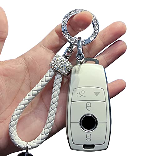 Compatible for Mercedes-Benz Premium Soft TPU Smart Key Fob Case with Key Strap A, C, E, S, CLA, CLS, GLA, GLB, GLC, GLE, GLS, G Glass 2017-2022 ((4-Button, White))