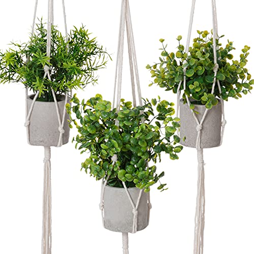 mizii 3 Pack Mini Potted Artificial Plants w/ 3 Plant Hangers,Eucalyptus Rosemary Fake Leaves Green for Indoor Home Room Shelf Kitchen Balcony Garden Wedding Decor