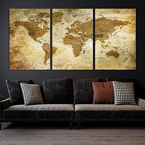 Sephia World Map Wall Art Multi Panel X-Large Canvas Print for Home Decor | Track Your Travels with This Colorful Antique Looking Map | Framed Ready to Hang by My Great Canvas (3 Panel, Total 90×40″)