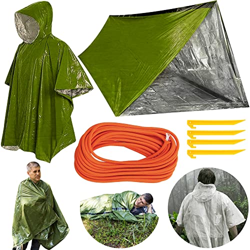 10 Piece Emergency Survival Shelter Kit – 1 Emergency Tent, 1 Emergency Sleeping Bag, 1 Emergency Blanket, 1 Summer Poncho, 1 Winter Poncho and More! Perfect for EDC, Car Kit, Bugout or Get Home Bag.