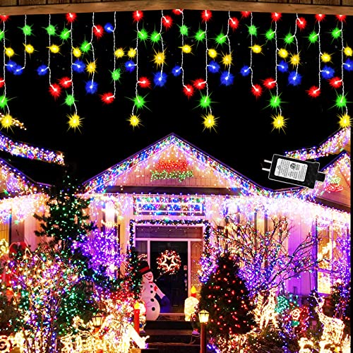 LED Icicle Christmas Lights Outdoor Decorations,400 Led 32ft 8 Mode Clear Wire String Lights with 75 Drop,Plug in Extendable Christmas Lights for Garden Decoration, Festival, Holiday(Multicolor)