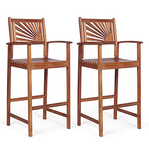 COSTWAY Bar Stools Set of 2, Outdoor Acacia Wood Bar Chairs with Sunflower Backrest, Curved Armrests & Breathable Seat, Ideal for Balcony, Sunroom, Patio, Easy Assembly (1)