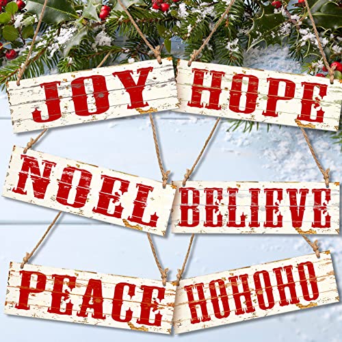 6 Pieces Christmas Wooden Decor Vintage Christmas Home Decor Rustic Wooden Wall Plaque Joy Peace Hohoho Hanging Ornament for Christmas Holiday Anniversary Birthday Party Home (White Series)