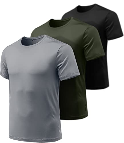 ATHLIO Men’s Workout Running Shirts, Sun Protection Quick Dry Athletic Shirts, Short Sleeve Gym T-Shirts, 3pack Hyper Dri Black/Cloud Grey/Hunter Green, X-Large