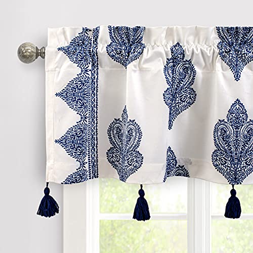 DriftAway Sadie Paisley Medallion Pattern Boho Velvet Window Curtain Valance with Handmade Tassels for Kitchen Rod Pocket 50 Inch by 14 Inch Plus 1.75 Inch Header Navy Blue