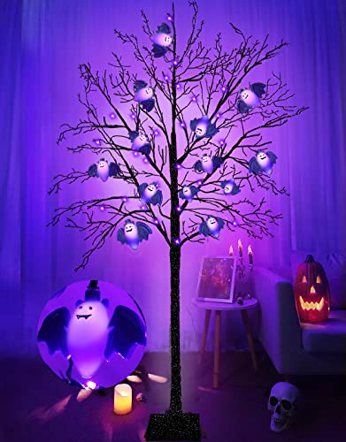 TURNMEON 6 Ft Tall Prelit Halloween Tree Decor with Timer 72 LED and 24 Lighted Purple Bats Glitter Black Spooky Tree Scary Halloween Decoration Outdoor Indoor Home Yard Garden(Adapter/4 Ground Stake)