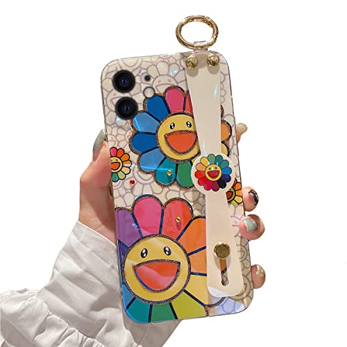Lastma for iPhone 12 Case Cute with Wrist Strap Kickstand Glitter Bling Cartoon IMD Soft TPU Shockproof Protective Cases Cover for Girls and Women – Sunflower
