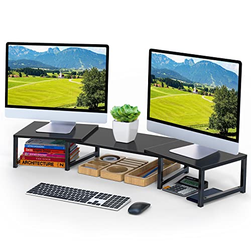 Auledio Dual Monitor Stand Riser,3 Shelf Computer Screen Stand with Adjustable Length and Angle,Black