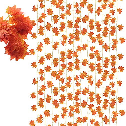 Fall Leaf Garland – Fall Leaves Decor Autumn Leaf Garland Hanging Vines Artificial Fall Maple Leaves 12 Pack – Thanksgiving Halloween Leaves Garland Christmas Decor for Home Garden Party Fireplace