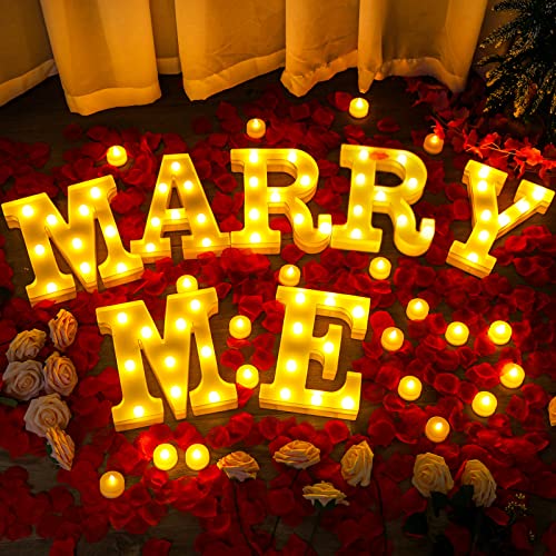 1031 Pcs Marry Me Sign Marry ME Light up Letters Proposal Decorations Red Rose Petals Flameless Tealight Candles for Romantic Night Valentine’s Day Wedding Engagement Party (Warm White-Red)