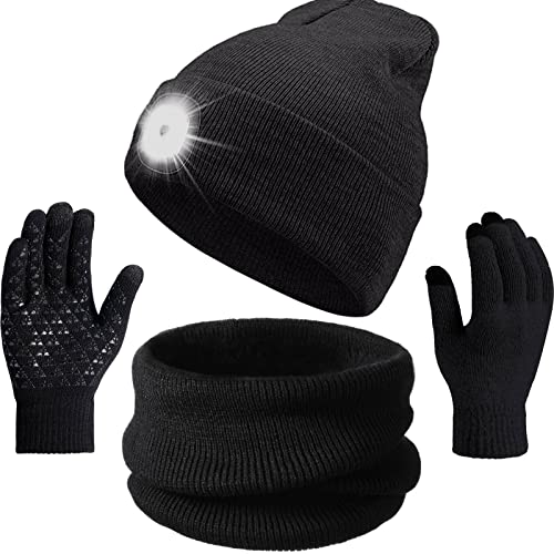 SATINIOR 3 Pieces LED Knitted Beanie Hat Winter Neck Gaiter Touchscreen Gloves Set Unisex USB Rechargeable Hands Free 4 Headlamp Cap with Light Warmer Thick Knit Skull for Women Men, Black, One Size
