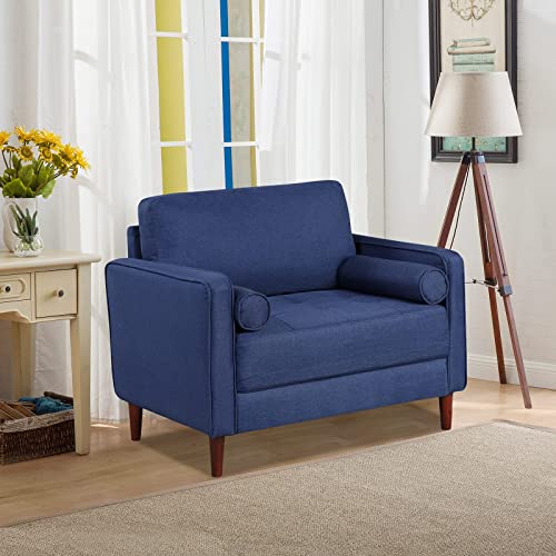 Giantex Accent Chair, Mid-Century Modern Linen Fabric Armchair w/ 33”Lx20”W Widened Seat, 2 Waist Pillows, Single Sofa Chair for Reading, Max Load 350LBS Upholstered Leisure Living Room Chair, Navy
