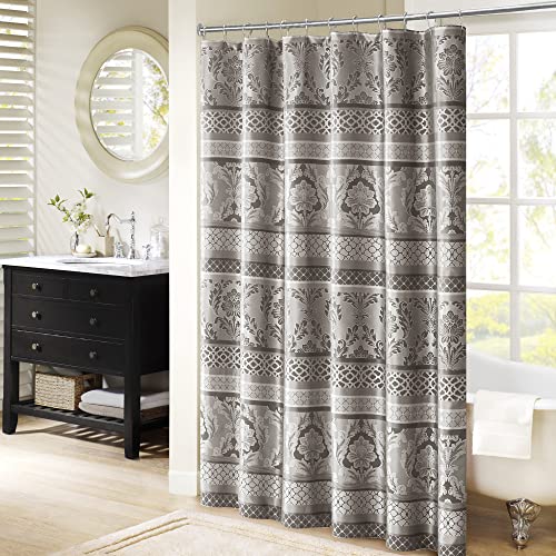 Madison Park Bellagio Shower Curtain, Luxurious Jacquard Leaf Print, Traditional Bathroom Décor, Machine Washable Bath Privacy Screen, 72×72, Grey