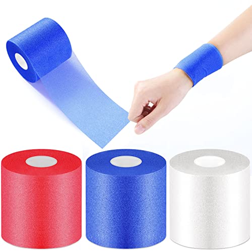 3 Rolls Foam Underwrap Athletic Foam Tape Sports Pre-wrap Tape Foam Underwrap Bandage for Wrists Elbows Knees Ankles, 2.76 Inches x 30 Yards (White, Blue, Red)