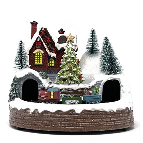 allgala Crafted Polyresin Christmas House Collectable Figurine with USB and Battery Dual Power Source-Train Under Tree-XH93424