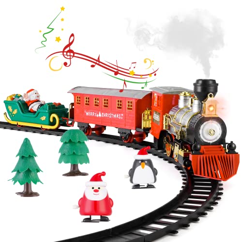 Electric Toy Train Set Around Christmas Tree, Steam Locomotive Engine w/ Smokes, Lights & Sounds, Santa Claus Figure as Decoration, Gift for Kids Ages 3 and Up Boys Girls Toddler Children Presents
