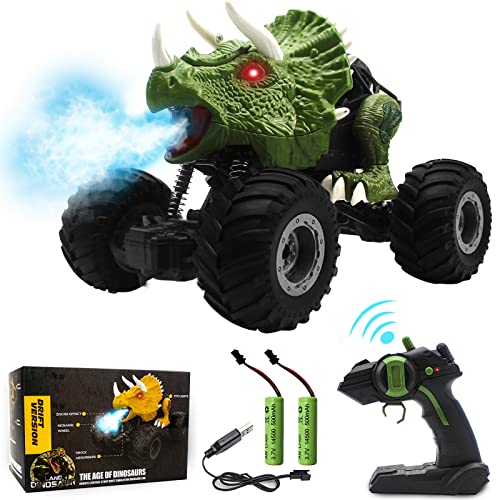 Bravepal Remote Control Stunt Dinosaur Car – 360° Rotation Off Road Monster 2.4 GHz RC Trucks Toy, 2 Rechargeable Batteries RC Car with Sound Effects, Flash Roar Spray and Lights for Boys Girls