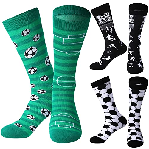 Coume Novelty Soccer Socks 3 Pairs Funny Soccer Pattern Men’s Sports Running Crew Casual Socks, Black, White and Green