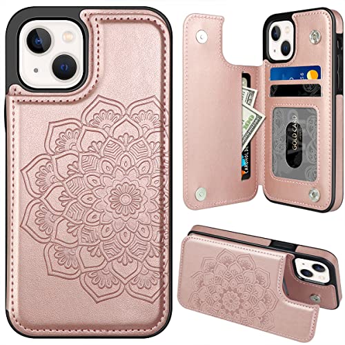 MMHUO for iPhone 13 Case, Flower Magnetic Back Flip Case for iPhone 13 Wallet Case for Women Girls with Card Holder, Protective Case Phone Case for iPhone 13 6.1 Inch 2021, Rose Gold