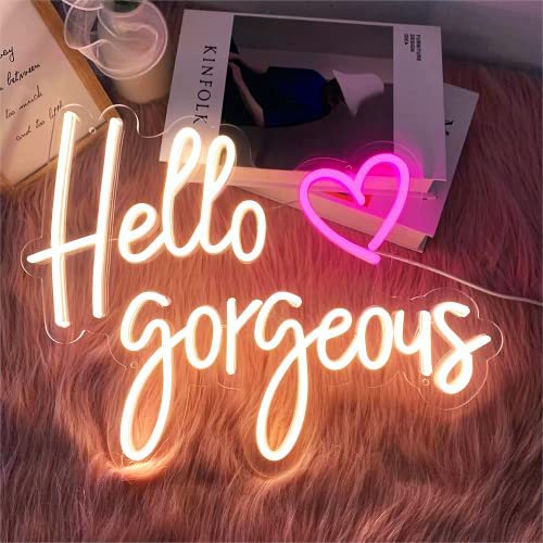 Hello Gorgeous Neon Sign Large for Girls Bedroom Wall Decor, Wedding Sign Decor for Arch, Party Backdrop, Hello Beautiful Neon Signs Gifts for Girl Women Mom Daughter, Warm White, 16.7×12.3 IN by JXIN