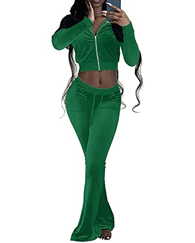 2 Piece Outfit for Women Pant Sets Fall Winter Long Sleeve Velour Tracksuit Jumpsuits Zip Up Jackets and Wide Leg Long Pant Sets Green S