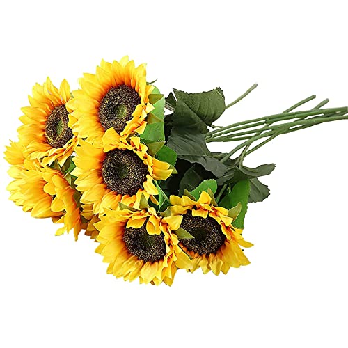 MIZZLES 6pcs Artificial Sunflowers, Long Single Stem Realistic Silk Fake Sunflower Decoration for Home Hotel Office Wedding Party Garden