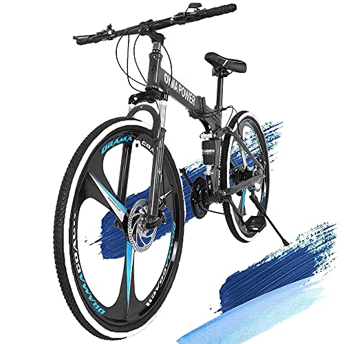 AT-X 26-inch Folding Mountain Bike, 21-Speeds Adult Adjustable ​​​​Gear Mountain-Bicycles, High Carbon Steel Frame Full Suspension Options Outdoor Bikes for Men Women Boys Girls (Classical Blue)