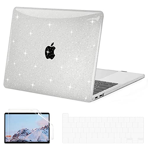 G JGOO Compatible with MacBook Pro 13 inch Case M2 2022, 2021 2020 2019 2018 2017 M1 A2338 A2251 A2289 A2159 A1989 A1706 A1708 Touch Bar, Clear Glitter Hard Shell Case+Keyboard Cover+ Screen Protector