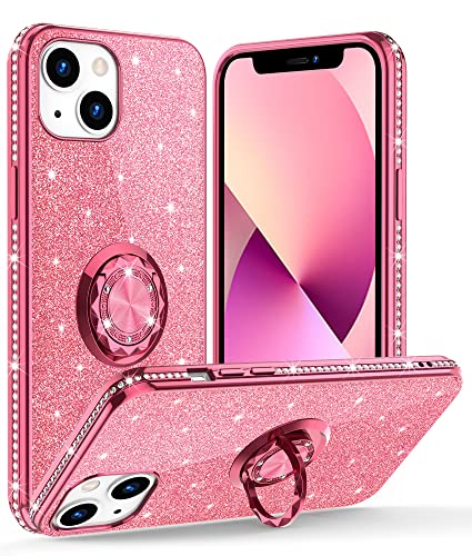 OCYCLONE for iPhone 13 Case, Glitter Sparkle Diamond Cover with Ring Stand Protective Phone Case Compatible with 6.1 inch iPhone 13 Case for Women Girls – Pink